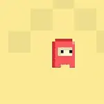 Prostokątny czerwony stworek na kremowym tle z pikselowym wzorem powyżej