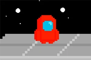 Czerwony pikselowy astronauta w skafandrze na tle przestrzeni kosmicznej z widocznymi gwiazdami