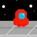 Czerwony pikselowy astronauta w skafandrze na tle przestrzeni kosmicznej z widocznymi gwiazdami