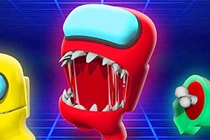 Czerwony astronauta z potężnymi zębami na tle neonowej siatki, obok żółta i zielona postać