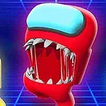 Czerwony astronauta z potężnymi zębami na tle neonowej siatki, obok żółta i zielona postać