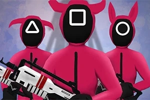 Trzy postacie w różowych strojach z czarnymi maskami mają symbole trójkąta, kwadratu i koła na twarzach, trzymając futurystyczne karabiny