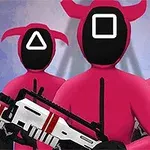 Trzy postacie w różowych strojach z czarnymi maskami mają symbole trójkąta, kwadratu i koła na twarzach, trzymając futurystyczne karabiny