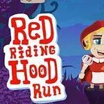 Dziewczynka w czerwonym kapturku stoi w lesie z koszyczkiem, na tle tajemniczej, ciemnoniebieskiej scenerii z dużymi drzewami, obok znajduje się widoczny tytuł i przycisk startu