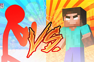 Czerwona postać stickmana versus pikselowa postać mężczyzny na tle z promienistych wzorów