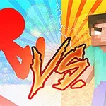 Czerwona postać stickmana versus pikselowa postać mężczyzny na tle z promienistych wzorów