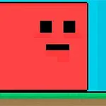 Czerwony kwadratowy stworek z twarzą obok mniejszej wersji na niebieskim tle