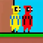 Dwie pikselowe postacie w kolorach żółtym i czerwonym stojące obok siebie na tle niebieskiego nieba i zielonego gruntu