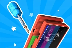 Niebieski śrubokręt obok rozłożonego, uszkodzonego smartfona z pękniętym ekranem na niebieskim tle z gwiazdkami