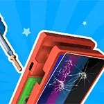 Niebieski śrubokręt obok rozłożonego, uszkodzonego smartfona z pękniętym ekranem na niebieskim tle z gwiazdkami