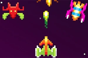 Pikselowa grafika z kolorowymi statkami kosmicznymi na ciemnym tle