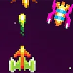 Pikselowa grafika z kolorowymi statkami kosmicznymi na ciemnym tle