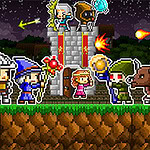 Postacie pikselowe w średniowiecznych strojach i zbrojach stoją przed zamkiem, a w tle nocne niebo i ogromny pająk