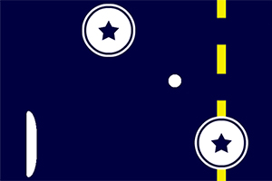 Ciemnoniebieskie tło z białą pionową linią, białym pionowym paskiem po lewej stronie, dwoma okręgami z gwiazdą w środku i małym białym punktem