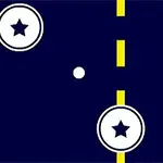 Ciemnoniebieskie tło z białą pionową linią, białym pionowym paskiem po lewej stronie, dwoma okręgami z gwiazdą w środku i małym białym punktem