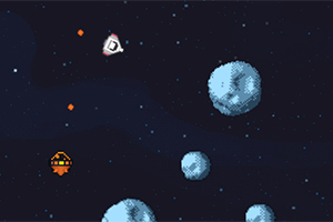 Statek kosmiczny unoszący się w przestrzeni kosmicznej z asteroidami i migającymi pikselowymi elementami