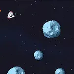 Statek kosmiczny unoszący się w przestrzeni kosmicznej z asteroidami i migającymi pikselowymi elementami