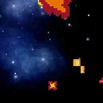 Pikselowy statek kosmiczny strzelający w meteoryty na tle gwiezdnej przestrzeni