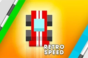 Czerwony samochód wyścigowy w stylu retro z białymi paskami na żółtym tle z napisem Retro Speed