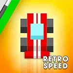 Czerwony samochód wyścigowy w stylu retro z białymi paskami na żółtym tle z napisem Retro Speed