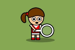 Dziewczynka z brązowymi włosami w czerwono-białym stroju sportowym trzyma dużą rakietę na zielonym tle