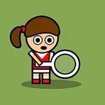 Dziewczynka z brązowymi włosami w czerwono-białym stroju sportowym trzyma dużą rakietę na zielonym tle