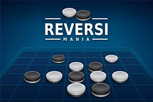 Czarno-białe pionki na niebieskiej planszy z napisem Reversi Mania w tle