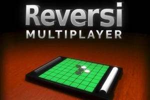 Napis Reversi Multiplayer nad planszą z zielonymi polami i czarnymi oraz białymi pionkami
