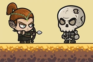 Komiksowy elf z łukiem naprzeciwko czaszkowego stwora na ziemnym tle