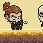 Komiksowy elf z łukiem naprzeciwko czaszkowego stwora na ziemnym tle