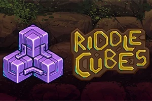 Fioletowy sześcian z geometrycznym wzorem obok napisu „Riddle Cubes” na tle kamienistego podłoża