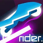 Niebieski pojazd futurystyczny w stylu neon na fioletowym tle z napisem rider