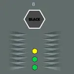 Sześciokątny przycisk z napisem BLACK nad trzema mniejszymi sześciokątami w kolorach żółtym i zielonym, otoczony po bokach szarymi trójkątnymi wzorami na ciemnoszarym tle