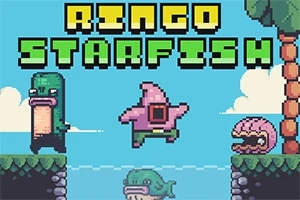 Pikselowa grafika z kolorowymi postaciami, w tym różową rozgwiazdą, w otoczeniu tropikalnych elementów i napisem u góry