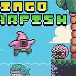 Pikselowa grafika z kolorowymi postaciami, w tym różową rozgwiazdą, w otoczeniu tropikalnych elementów i napisem u góry