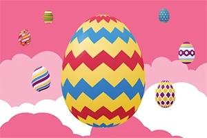 Wzór z kolorowymi, dekoracyjnymi pisankami na różowym tle z chmurami