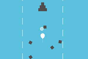 Białe tło z poziomymi przerywanymi liniami, pośrodku biały balon otoczony czarnymi kształtami geometrycznymi