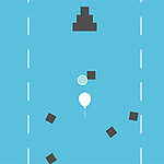 Białe tło z poziomymi przerywanymi liniami, pośrodku biały balon otoczony czarnymi kształtami geometrycznymi