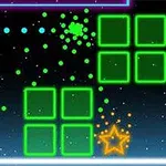 Neonowe klocki i symbole, takie jak gwiazda, na ciemnym tle z kropeczkami koloru zielonego i niebieskiego oraz gradientem w dolnej części