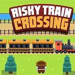 Pikselowy pociąg przejeżdża przez tory na zielonym tle z drzewami i wodą w oddali; nad pociągiem widoczny jest tytuł Risky Train Crossing