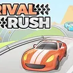 Czerwony samochód wyścigowy na krętej drodze z niebieskim samochodem w tle oraz napisem Rival Rush u góry