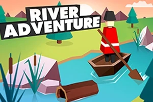 Postać w czerwonym stroju wiosłuje łódką po rzece w kolorowej, kreskówkowej scenerii z drzewami i górami w tle