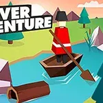 Postać w czerwonym stroju wiosłuje łódką po rzece w kolorowej, kreskówkowej scenerii z drzewami i górami w tle