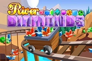 Napis River Diamonds z kolorowymi diamentami w tle kopalni z wagonikiem pełnym klejnotów na torze