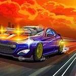 Samochód wyścigowy z uzbrojeniem na masce jedzie po drodze na tle pomarańczowego nieba