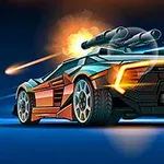 Ilustracja przedstawia futurystyczny samochód z zamontowanymi działami, otoczony wybuchami i smugami świetlnymi na ciemnym tle