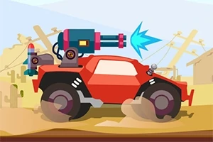 Czerwony samochód terenowy z zamontowaną niebieską armatą w stylu kreskówkowym na pustynnym tle