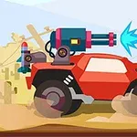 Czerwony samochód terenowy z zamontowaną niebieską armatą w stylu kreskówkowym na pustynnym tle
