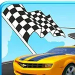 Żółty samochód sportowy na zakręcie drogi z szachownicą w tle