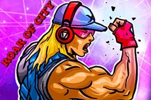 Postać z długimi blond włosami w czapce, słuchawkach i okularach przeciwsłonecznych, z uniesionym zaciśniętym pięści i napisem ROAR OF CITY na fioletowym tle